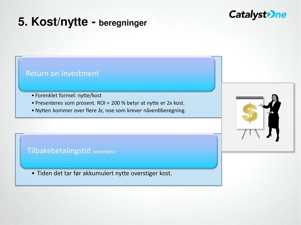 ROI = 200 % betyr at nytte er 2x kost.