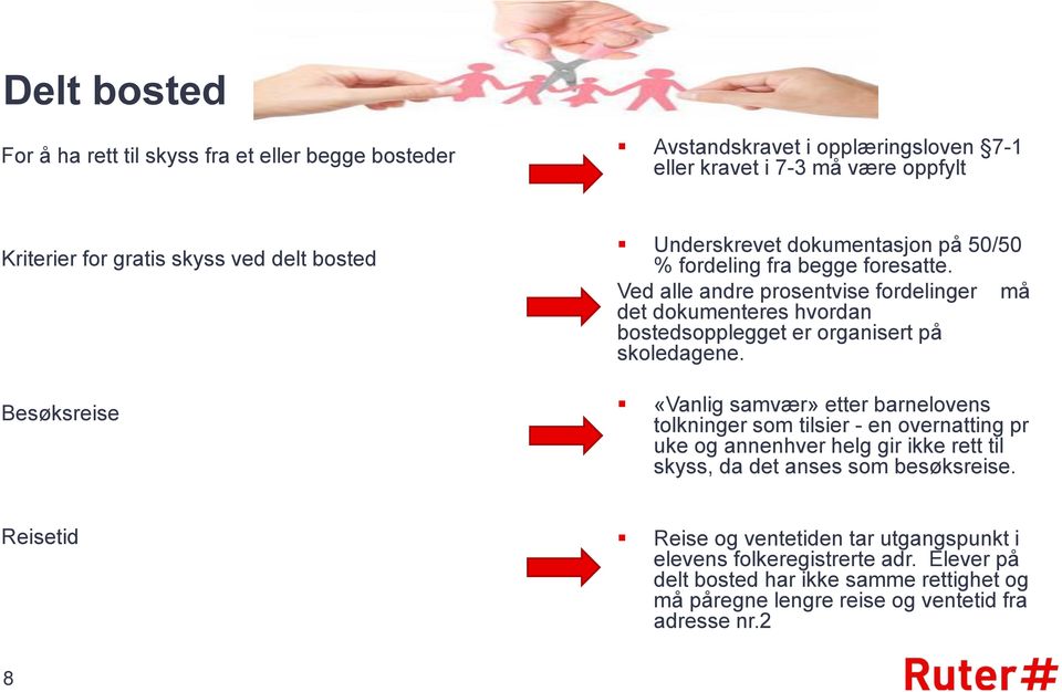 Ved alle andre prosentvise fordelinger må det dokumenteres hvordan bostedsopplegget er organisert på skoledagene.