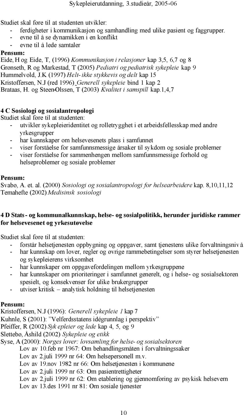 sykepleie kap 9 Hummelvold, J.K (1997) Helt- ikke stykkevis og delt kap 15 Kristoffersen, N.J (red 1996) Generell sykepleie bind 1 kap 2 Brataas, H. og Steen-Olssen, T (2003) Kvalitet i samspill kap.