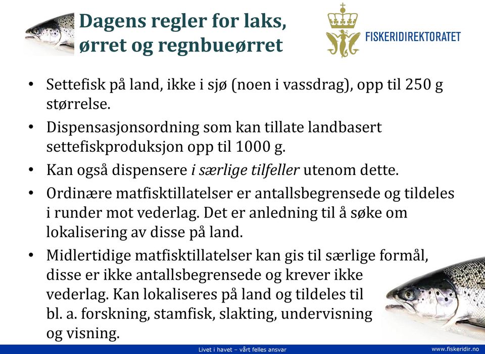 Ordinære matfisktillatelser er antallsbegrensede og tildeles i runder mot vederlag. Det er anledning til å søke om lokalisering av disse på land.