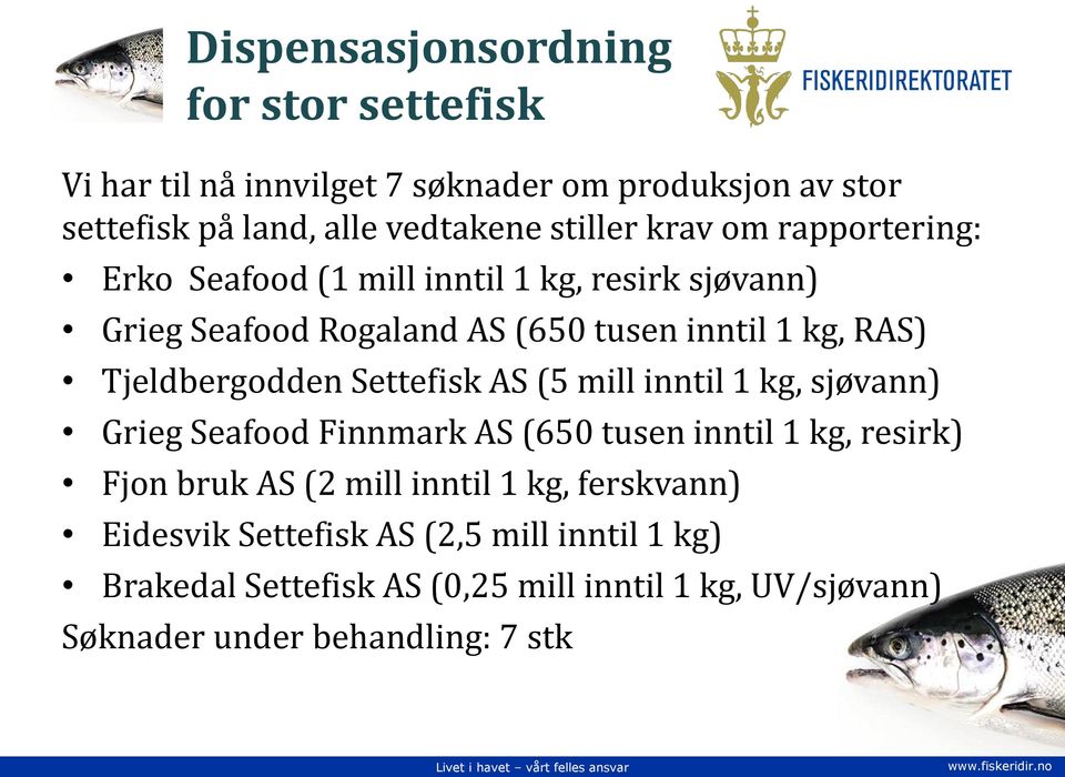 Tjeldbergodden Settefisk AS (5 mill inntil 1 kg, sjøvann) Grieg Seafood Finnmark AS (650 tusen inntil 1 kg, resirk) Fjon bruk AS (2 mill