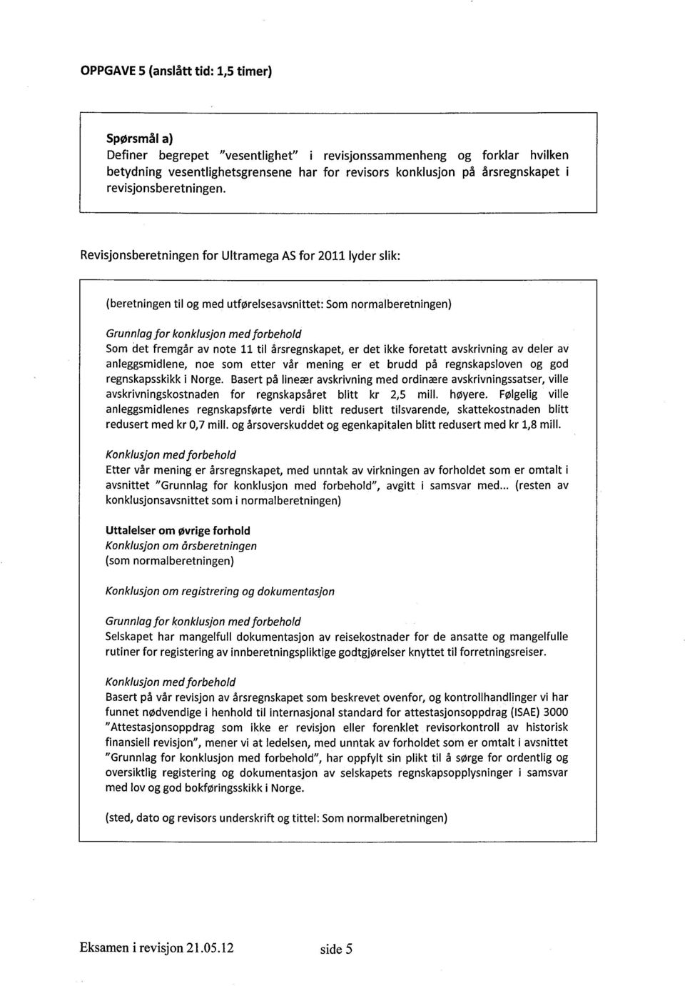 Revisjonsberetningen for Ultramega AS for 2011 lyder slik: (beretningen til og med utførelsesavsnittet: Som normalberetningen) Grunnlag for konklusjon med forbehold Som det fremgår av note 11 til