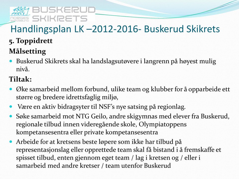 Søke samarbeid mot NTG Geilo, andre skigymnas med elever fra Buskerud, regionale tilbud innen videregående skole, Olympiatoppens kompetansesentra eller private kompetansesentra Arbeide