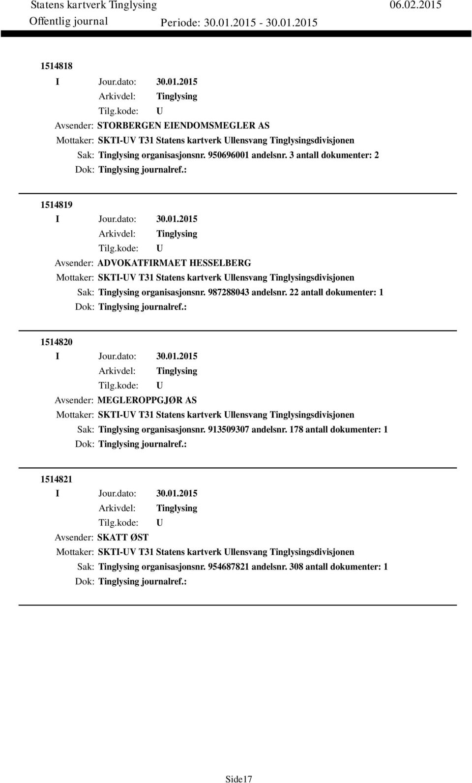 22 antall dokumenter: 1 Dok: journalref.: 1514820 Avsender: MEGLEROPPGJØR AS Mottaker: SKTI-V T31 Statens kartverk llensvang sdivisjonen Sak: organisasjonsnr. 913509307 andelsnr.