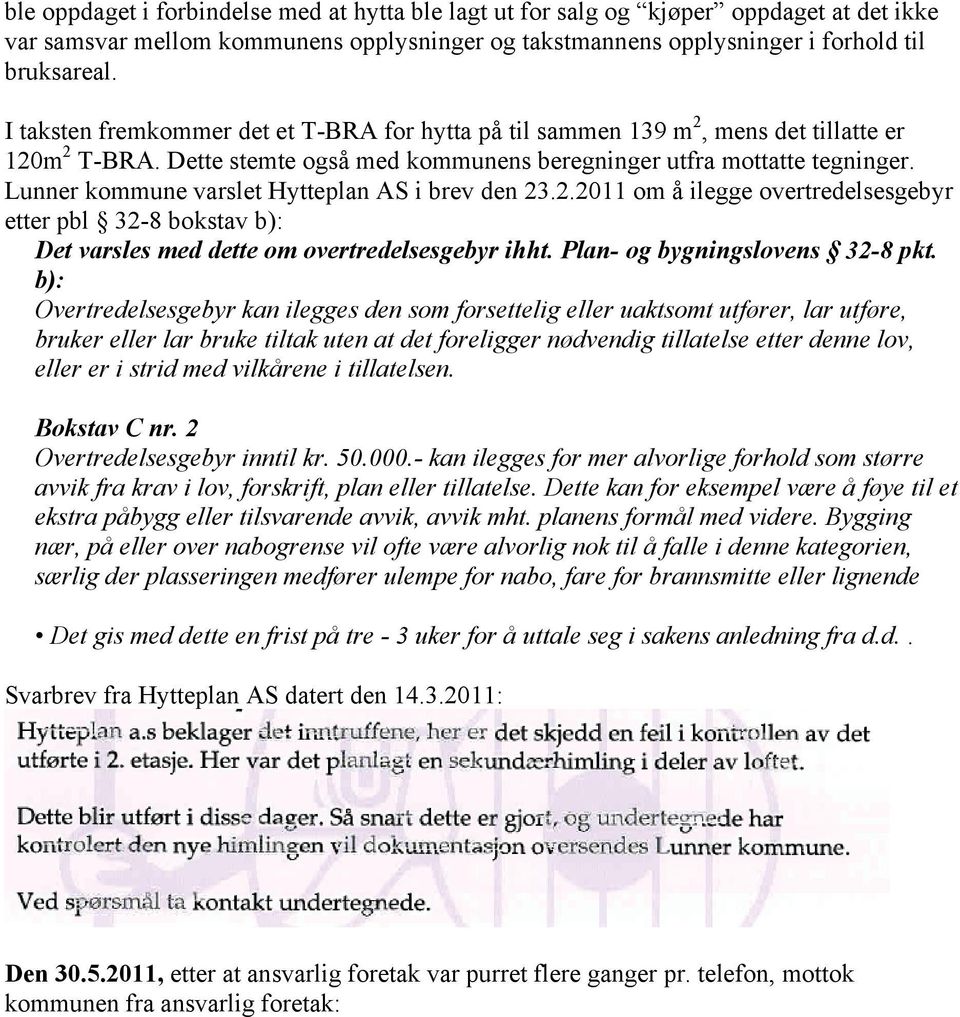 Lunner kommune varslet Hytteplan AS i brev den 23.2.2011 om å ilegge overtredelsesgebyr etter pbl 32-8 bokstav b): Det varsles med dette om overtredelsesgebyr ihht. Plan- og bygningslovens 32-8 pkt.