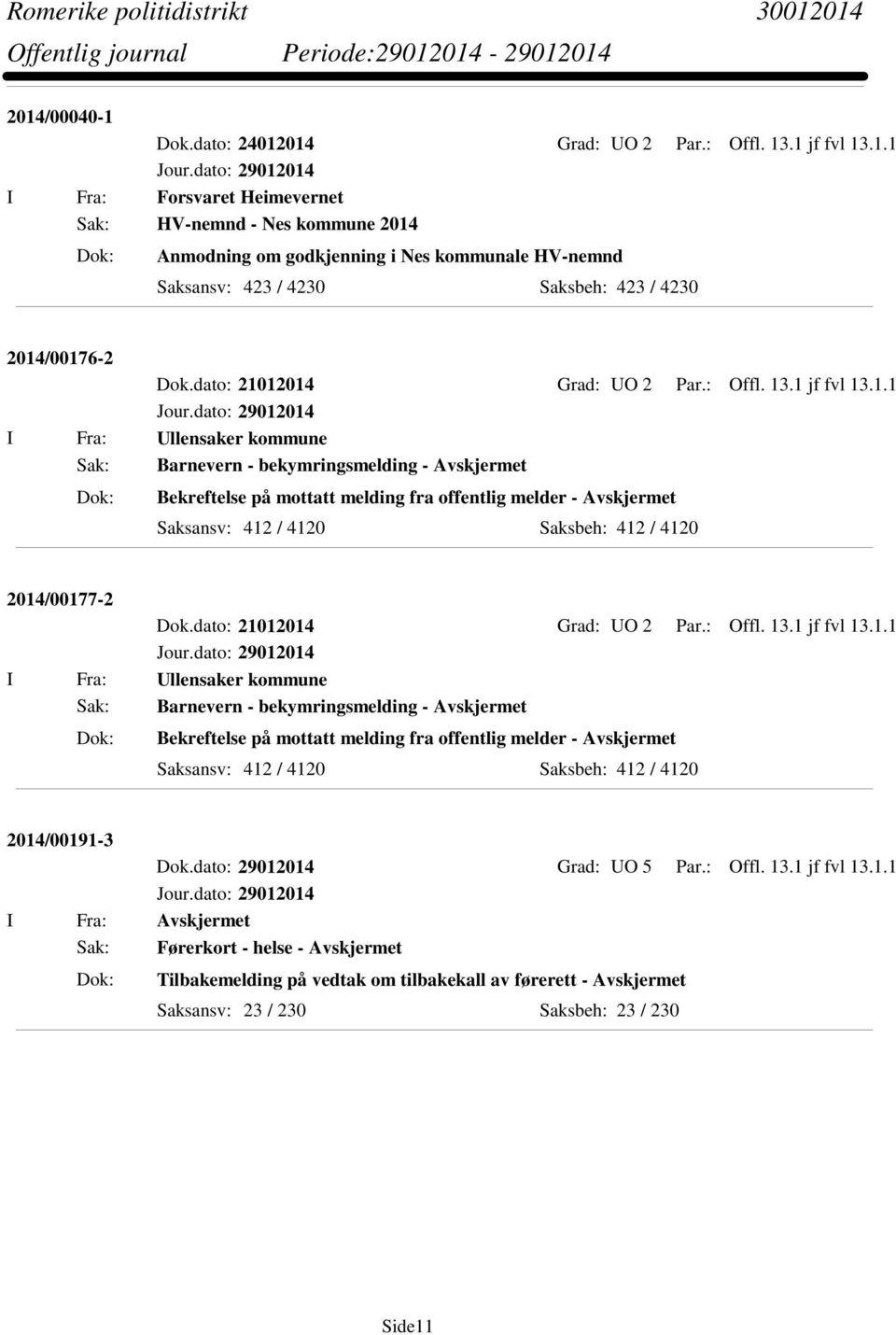 12014 Grad: UO 2 Par.: Offl. 13.1 jf fvl 13.1.1 I Fra: Ullensaker kommune Sak: Barnevern - bekymringsmelding - Avskjermet Bekreftelse på mottatt melding fra offentlig melder - Avskjermet Saksansv: