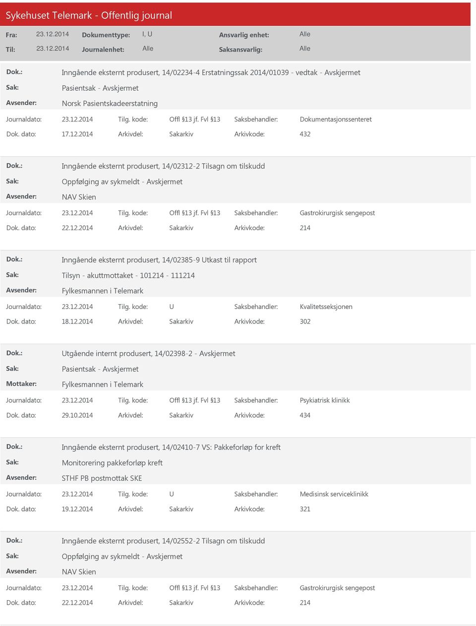 Dok. dato: 18.12.2014 Arkivdel: Sakarkiv Arkivkode: 302 tgående internt produsert, 14/02398-2 - Pasientsak - Fylkesmannen i Telemark Psykiatrisk klinikk Dok. dato: 29.10.