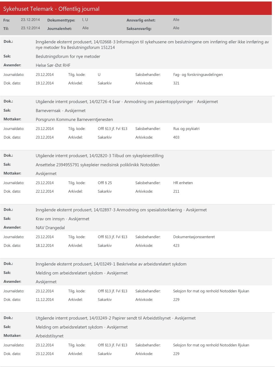 dato: Arkivdel: Sakarkiv Arkivkode: 403 tgående internt produsert, 14/02820-3 Tilbud om sykepleierstilling Ansettelse 2394955791 sykepleier medisinsk poliklinikk Notodden Arkivkode: 211 Inngående