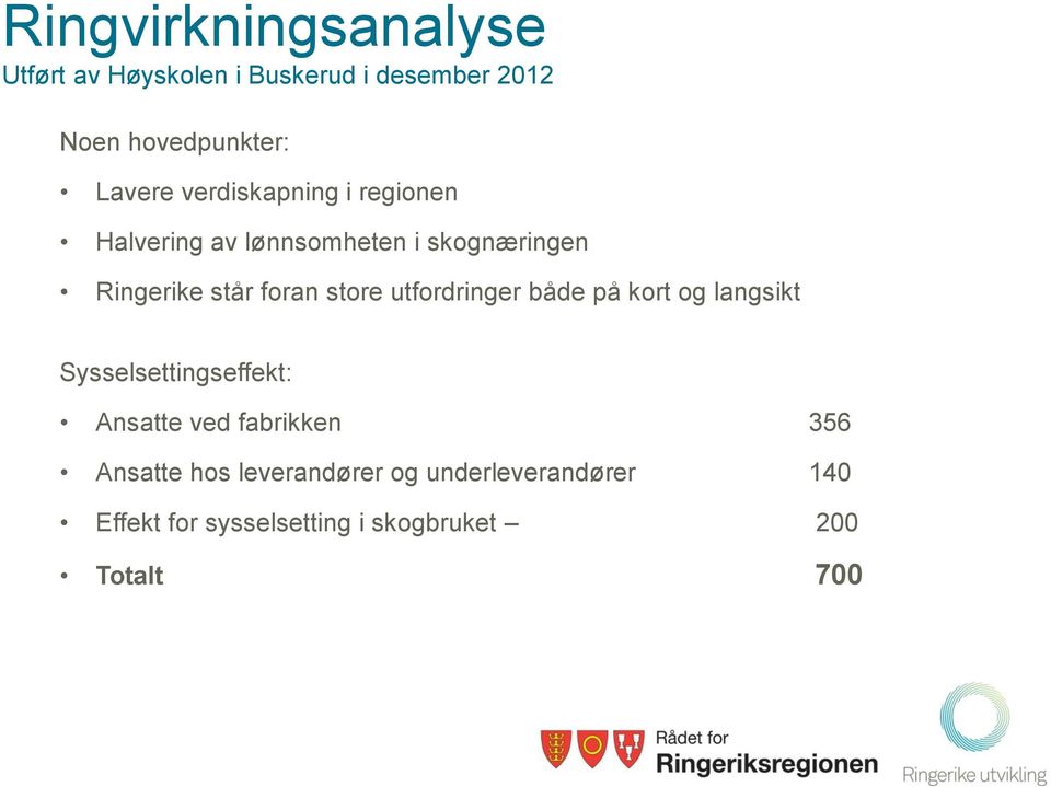 utfordringer både på kort og langsikt Sysselsettingseffekt: Ansatte ved fabrikken 356 Ansatte