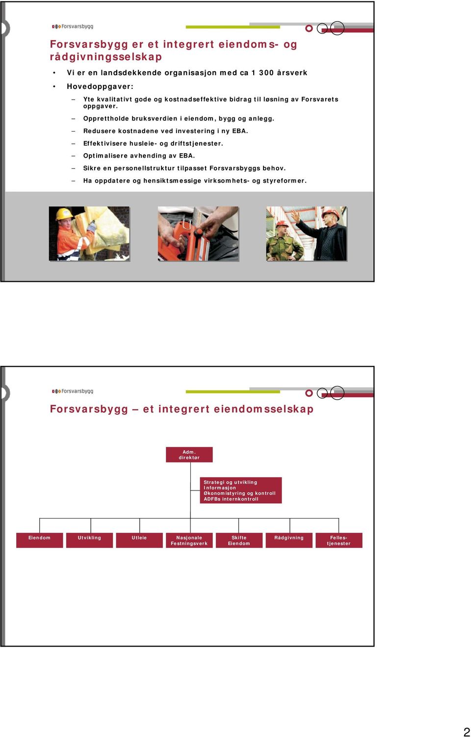 Optimalisere avhending av EBA. Sikre en personellstruktur tilpasset Forsvarsbyggs behov. Ha oppdatere og hensiktsmessige virksomhets- og styreformer.