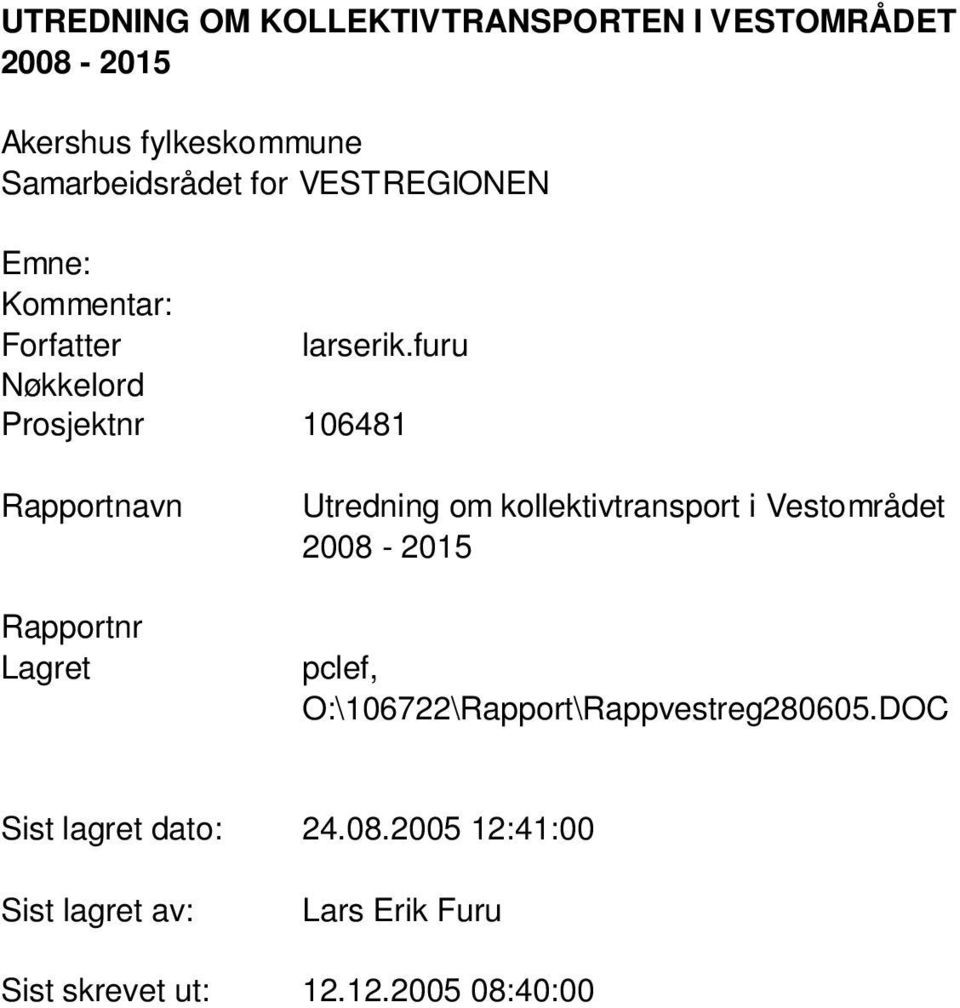 furu Nøkkelord Prosjektnr 106481 Rapportnavn Rapportnr Lagret Utredning om kollektivtransport i
