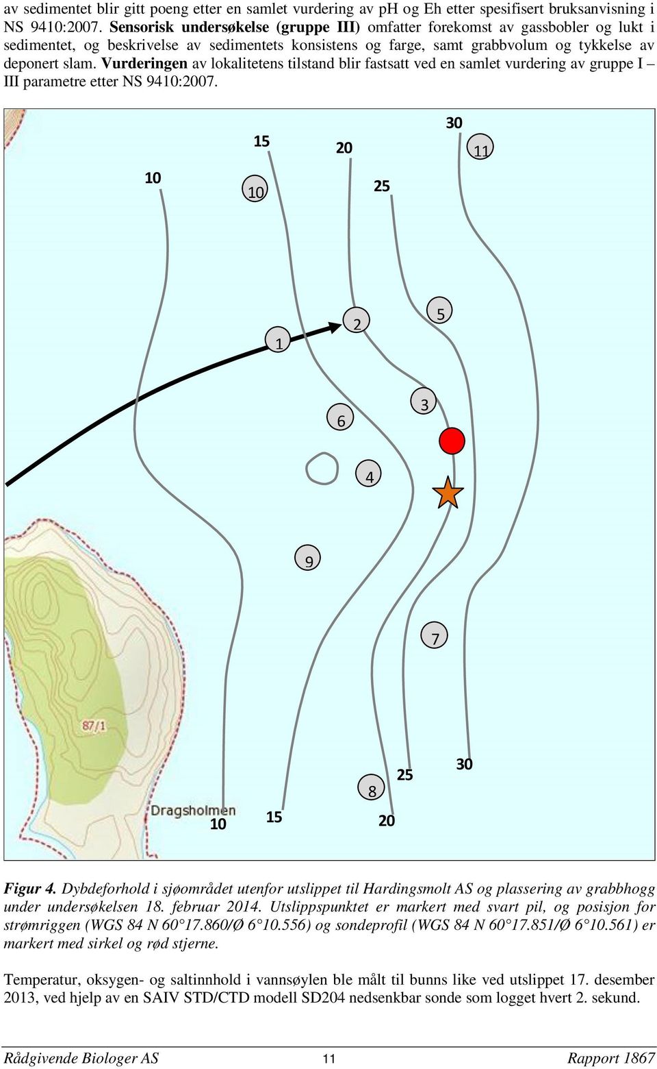 Vurderingen av lokalitetens tilstand blir fastsatt ved en samlet vurdering av gruppe I III parametre etter NS 9410:2007. 10 15 20 10 25 30 11 1 2 5 6 3 4 9 7 10 15 8 20 25 30 Figur 4.