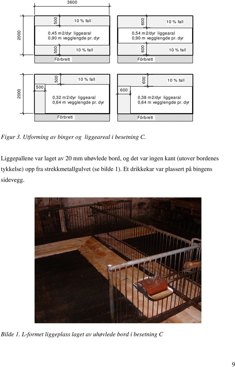 dyr 0,38 m2/dyr liggearal 0,64 m vegglengde pr. dyr Figur 3. Utforming av binger og liggeareal i besetning C.