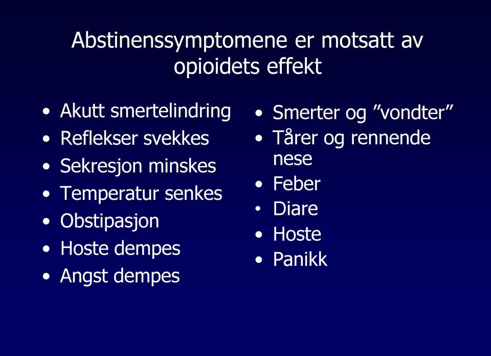 Temperatur senkes Obstipasjon Hoste dempes Angst dempes