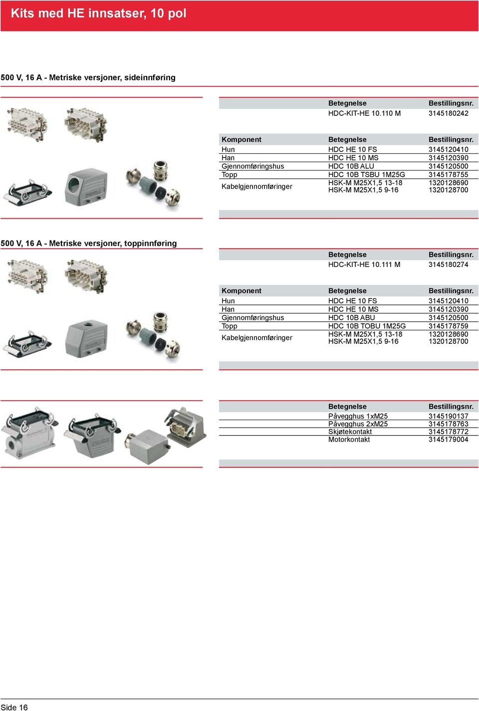 13-18 HSK-M M25X1,5 9-16 10128690 10128700 500 V, 16 A - Metriske versjoner, toppinnføring HDC-KIT-HE 10.