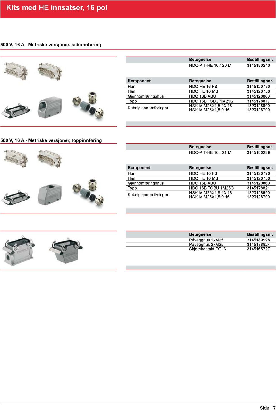 M25X1,5 13-18 HSK-M M25X1,5 9-16 10128690 10128700 500 V, 16 A - Metriske versjoner, toppinnføring HDC-KIT-HE 16.