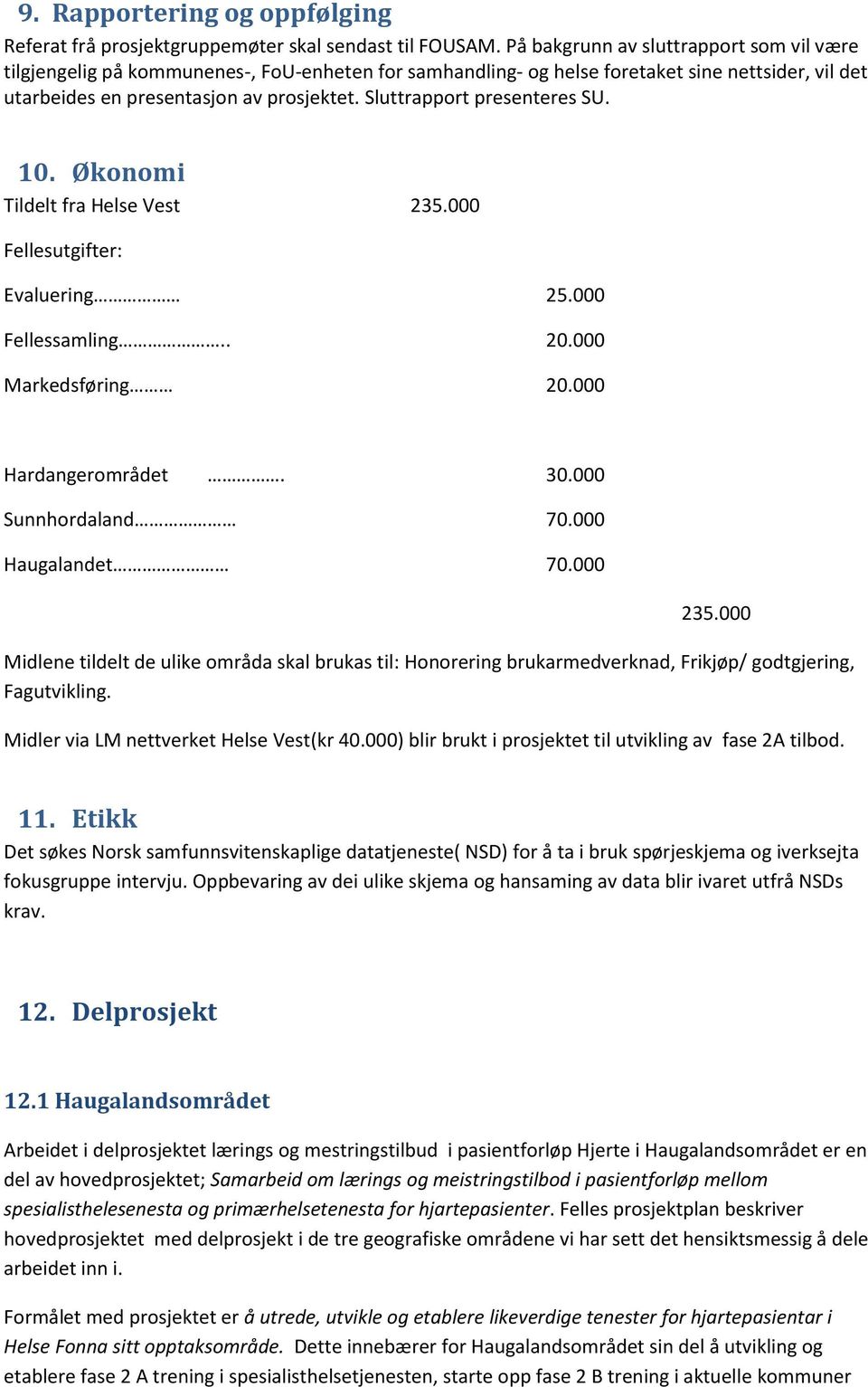 Sluttrapport presenteres SU. 10. Økonomi Tildelt fra Helse Vest 235.000 Fellesutgifter: Evaluering 25.000 Fellessamling.. 20.000 Markedsføring 20.000 Hardangerområdet. 30.000 Sunnhordaland 70.