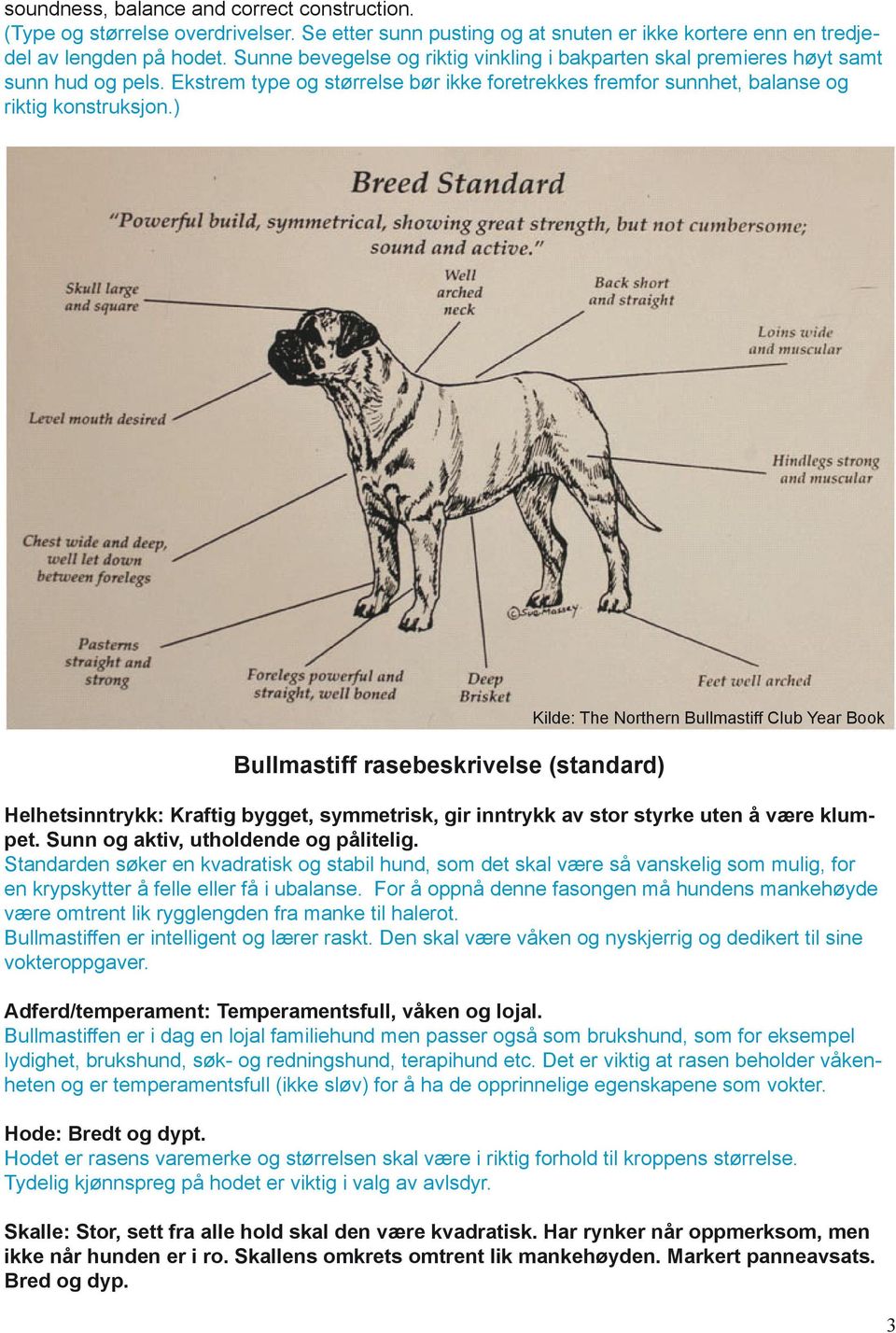 ) Bullmastiff rasebeskrivelse (standard) Kilde: The Northern Bullmastiff Club Year Book Helhetsinntrykk: Kraftig bygget, symmetrisk, gir inntrykk av stor styrke uten å være klumpet.