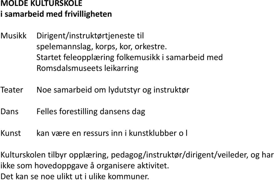 Startet feleopplæring folkemusikk i samarbeid med Romsdalsmuseets leikarring Noe samarbeid om lydutstyr og instruktør Felles