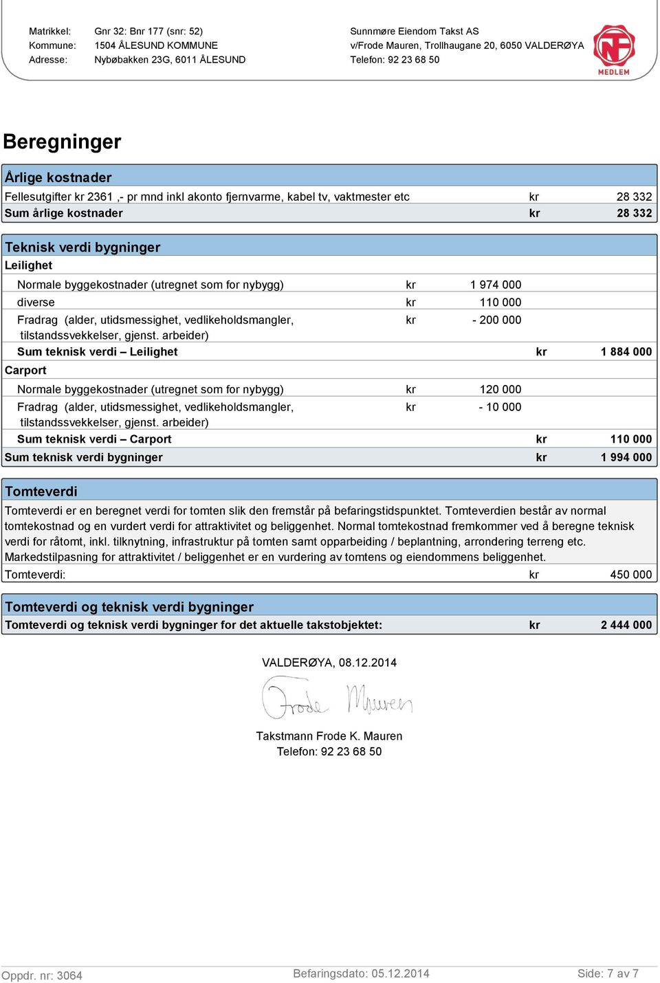 arbeider) Sum teknisk verdi Leilighet - 2 1 884 Carport Normale byggekostnader (utregnet som for nybygg) 12 Fradrag (alder, utidsmessighet, vedlikeholdsmangler, tilstandssvekkelser, gjenst.