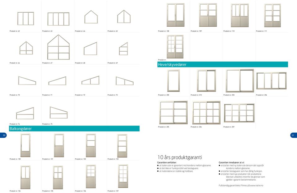 Produkt nr: 206 Produkt nr: 207 30 31 Produkt nr: 100 Produkt nr: 101 Produkt nr: 102 Produkt nr: 103 10 års produktgaranti Garantien omfatter: n at isolerruter er garantert mot kondens mellom