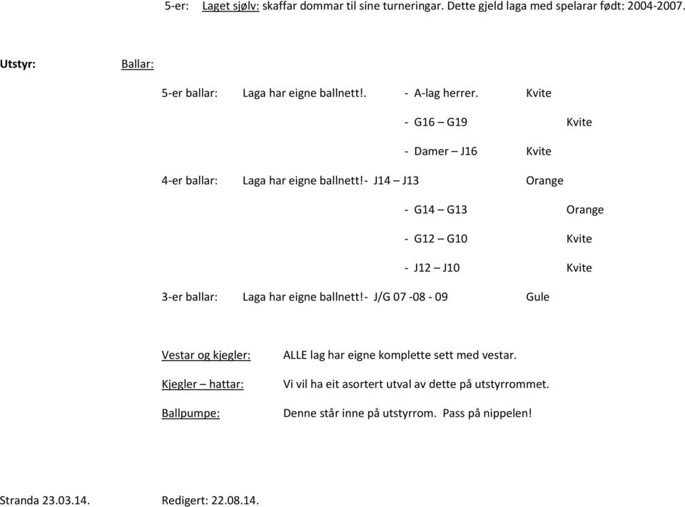 - J14 J13 Orange - G14 G13 Orange - G12 G10 Kvite - J12 J10 Kvite 3-er ballar: Laga har eigne ballnett!