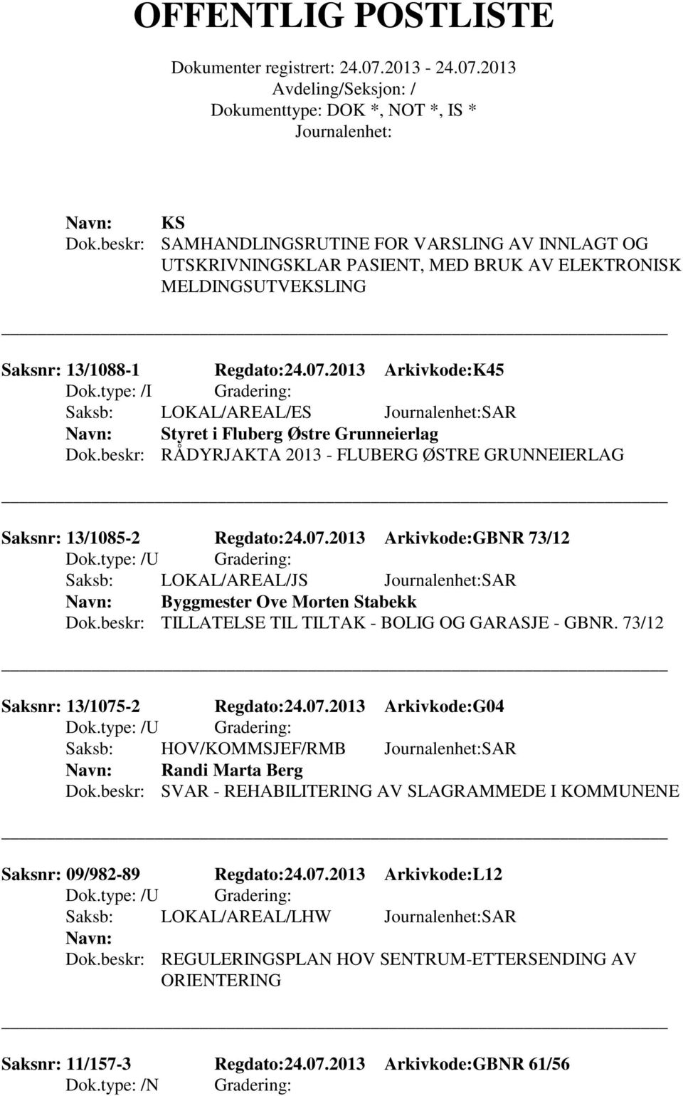 2013 Arkivkode:GBNR 73/12 Saksb: LOKAL/AREAL/JS SAR Byggmester Ove Morten Stabekk Dok.beskr: TILLATELSE TIL TILTAK - BOLIG OG GARASJE - GBNR. 73/12 Saksnr: 13/1075