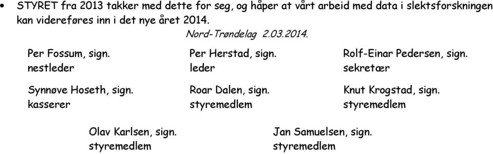 nestleder Synnøve Hoseth, sign. kasserer Per Herstad, sign. leder Roar Dalen, sign.