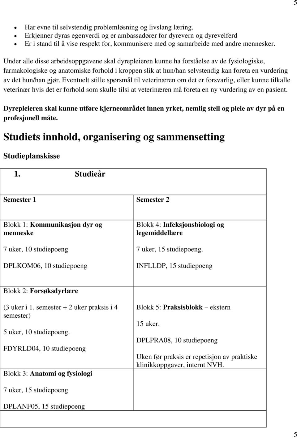 Under alle disse arbeidsoppgavene skal dyrepleieren kunne ha forståelse av de fysiologiske, farmakologiske og anatomiske forhold i kroppen slik at hun/han selvstendig kan foreta en vurdering av det