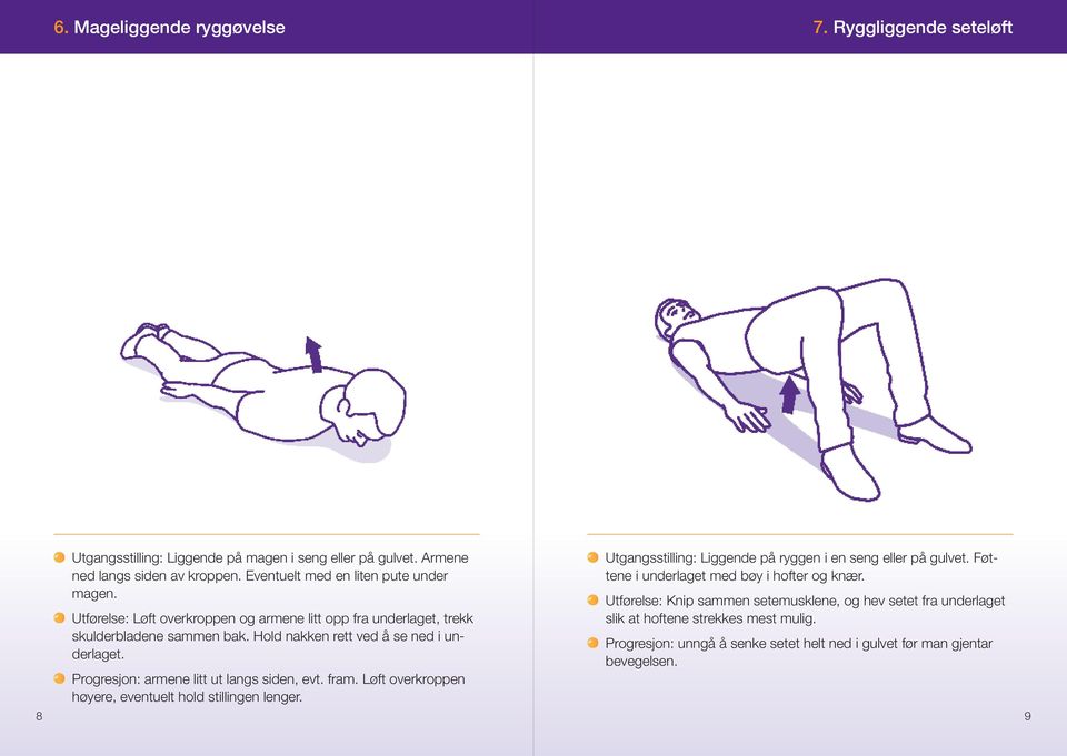 Utgangsstilling: Liggende på ryggen i en seng eller på gulvet. Føttene i underlaget med bøy i hofter og knær.
