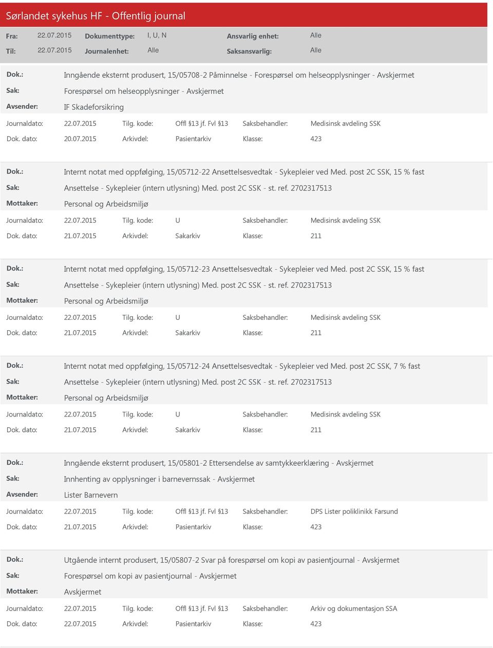 ref. 2702317513 Medisinsk avdeling SSK Dok. dato: 21.07.2015 Arkivdel: Sakarkiv Internt notat med oppfølging, 15/05712-23 Ansettelsesvedtak - Sykepleier ved Med.