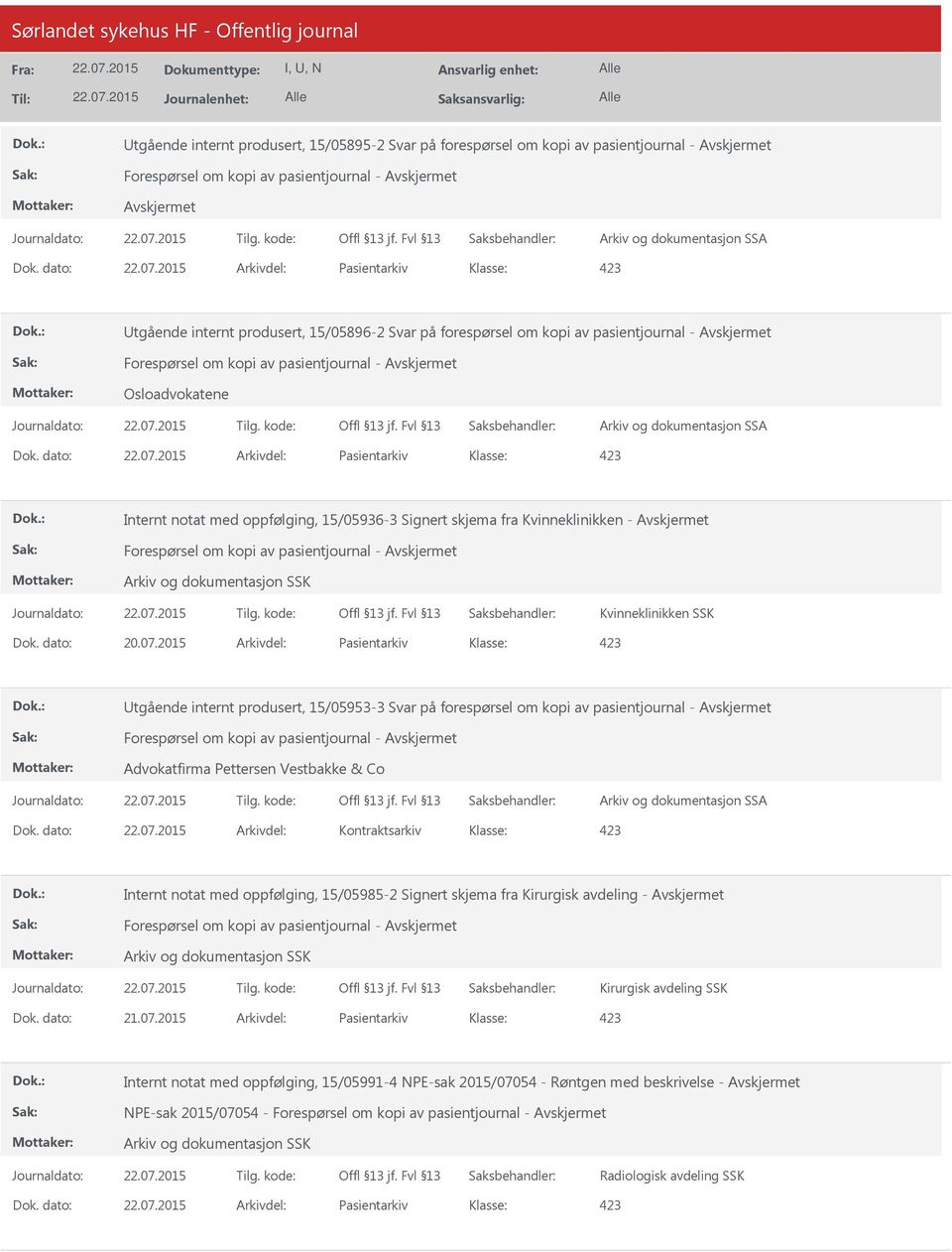 dato: Arkivdel: Pasientarkiv Internt notat med oppfølging, 15/05936-3 Signert skjema fra Kvinneklinikken - Forespørsel om kopi av pasientjournal - Kvinneklinikken SSK Dok. dato: 20.07.