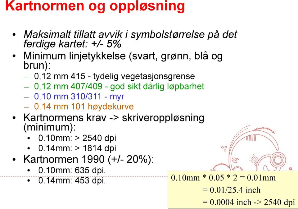 mm 407/409 - god sikt dårlig løpbarhet 0,10 mm 310/311 - myr 0,14 mm 101 høydekurve 0.10mm: > 2540 dpi 0.