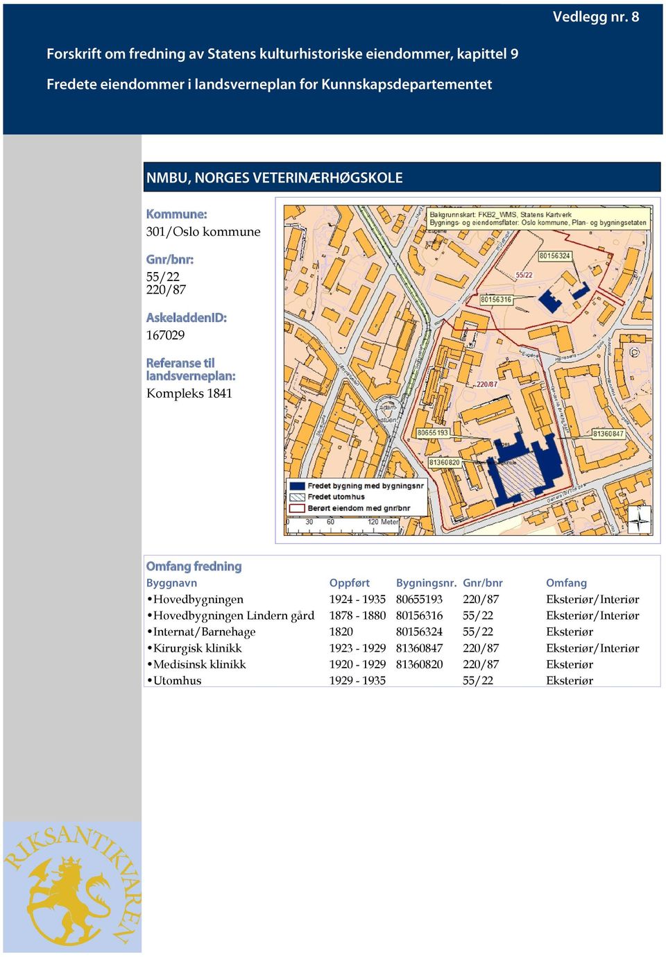 Gnr/bnr Omfang Hovedbygningen 1924-1935 80655193 220/87 Eksteriør/Interiør Hovedbygningen Lindern gård 1878-1880 80156316 55/22 Eksteriør/Interiør