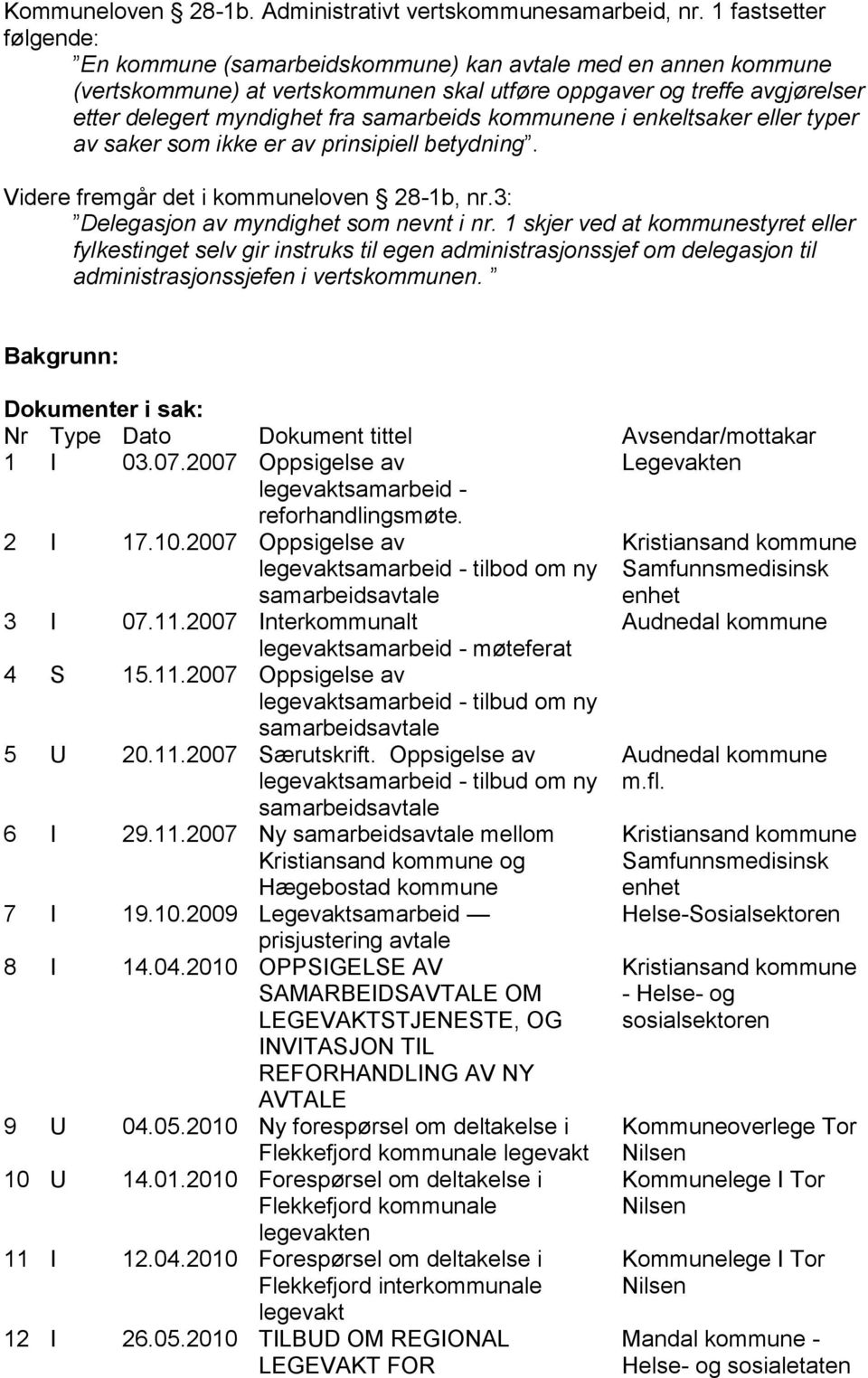 samarbeids kommunene i enkeltsaker eller typer av saker som ikke er av prinsipiell betydning. Videre fremgår det i kommuneloven 28-1b, nr.3: Delegasjon av myndighet som nevnt i nr.