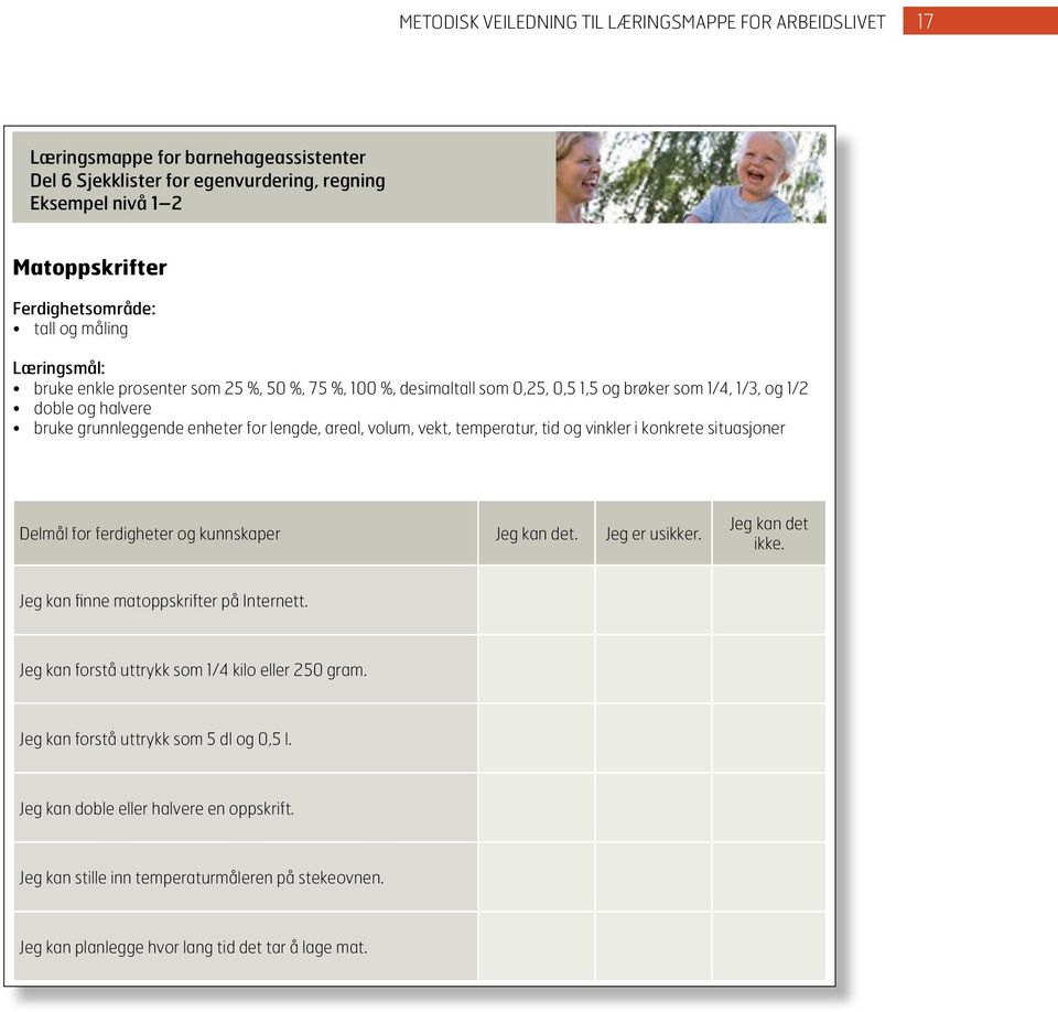 volum, vekt, temperatur, tid og vinkler i konkrete situasjoner Delmål for ferdigheter og kunnskaper Jeg kan det. Jeg er usikker. Jeg kan det ikke. Jeg kan finne matoppskrifter på Internett.
