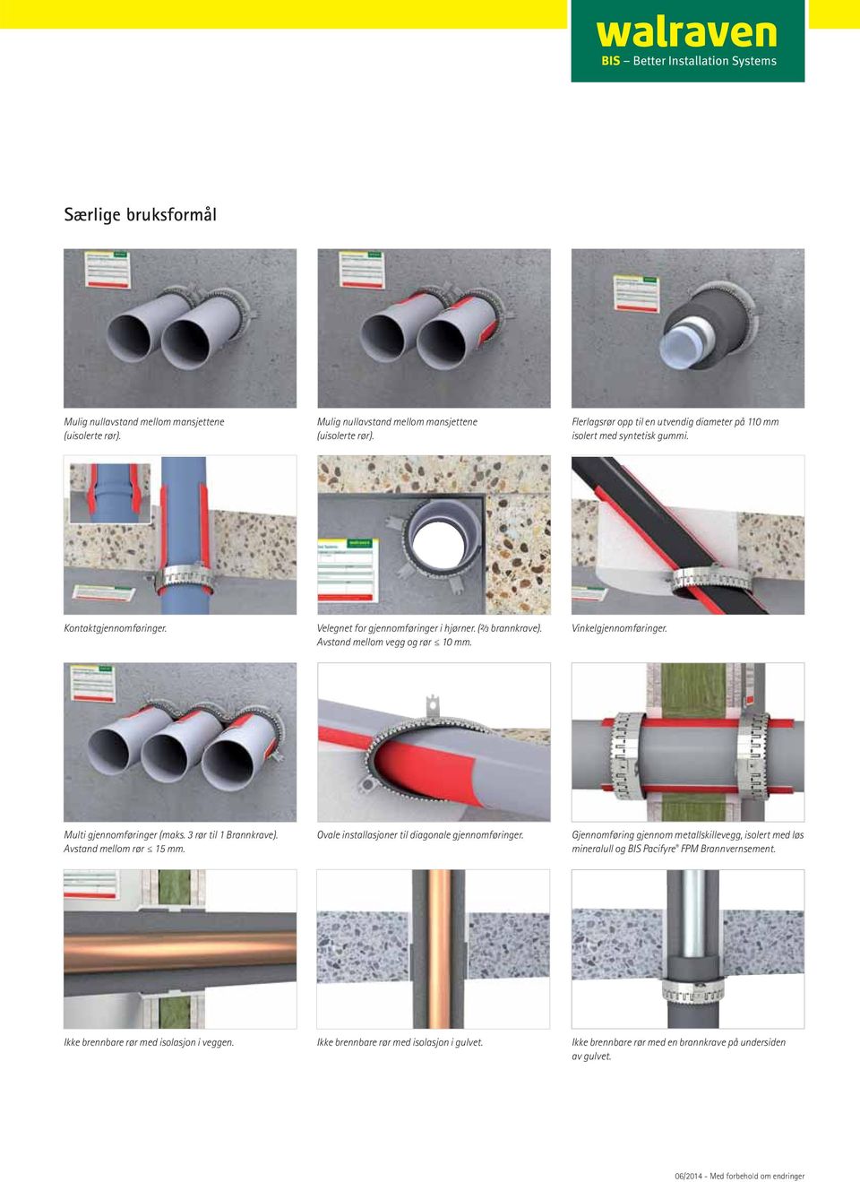 Avstand mellom rør 15 mm. Ovale installasjoner til diagonale gjennomføringer. Gjennomføring gjennom metallskillevegg, isolert med løs mineralull og BIS Pacifyre FPM Brannvernsement.