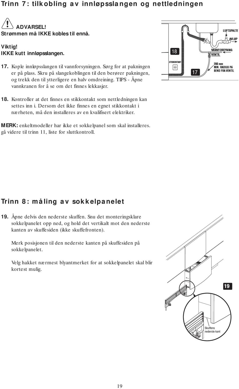 STIKKONTAKT LUFTSPALTE AVL P VANNFORSYNING VENTIL 200 MIN.RADIUSP BENDFRAVENTIL mm 18. Kontroller at det finnes en stikkontakt som nettledningen kan settes inn i.