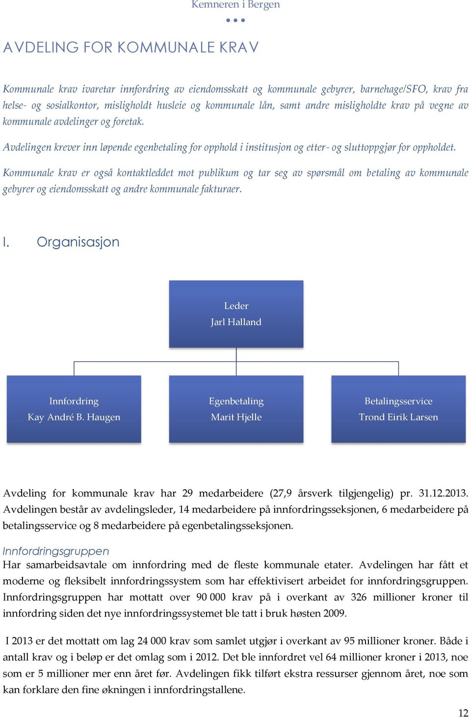 Kommunale krav er også kontaktleddet mot publikum og tar seg av spørsmål om betaling av kommunale gebyrer og eiendomsskatt og andre kommunale fakturaer. I.