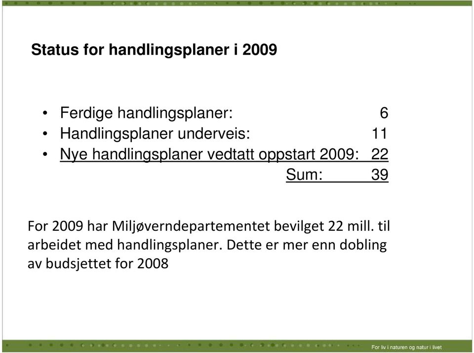 2009: 22 Sum: 39 For 2009 har Miljøverndepartementet bevilget 22 mill.