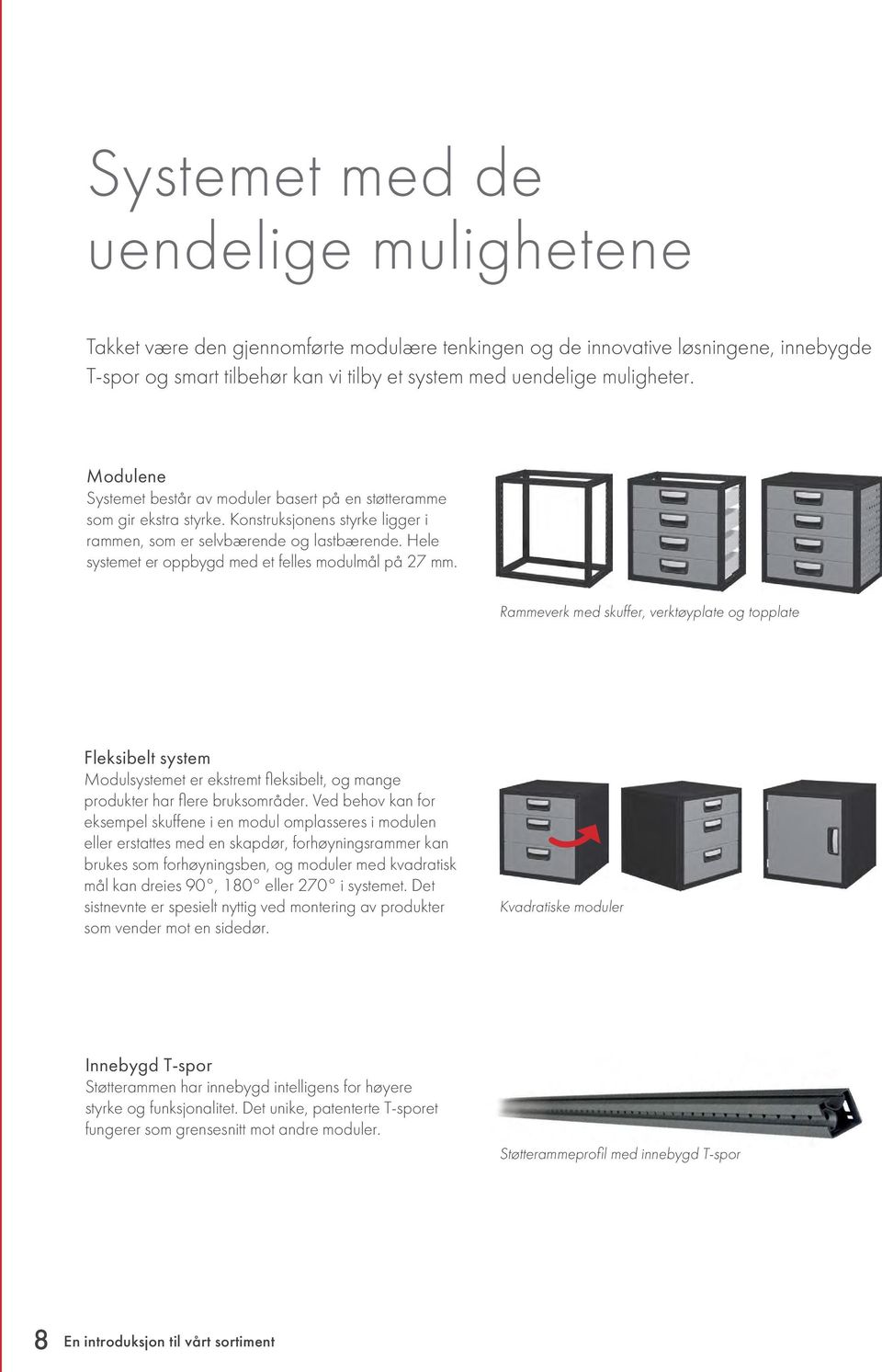 Hele systemet er oppbygd med et felles modulmål på 27 mm.