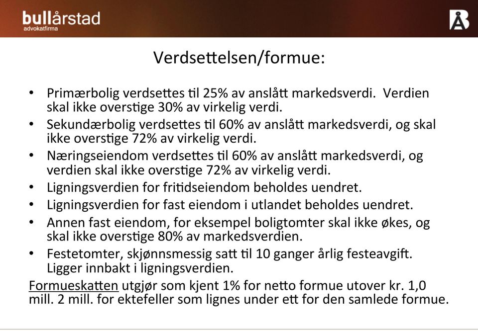 Næringseiendom verdseies Wl 60% av anslåi markedsverdi, og verdien skal ikke overswge 72% av virkelig verdi. Ligningsverdien for friwdseiendom beholdes uendret.