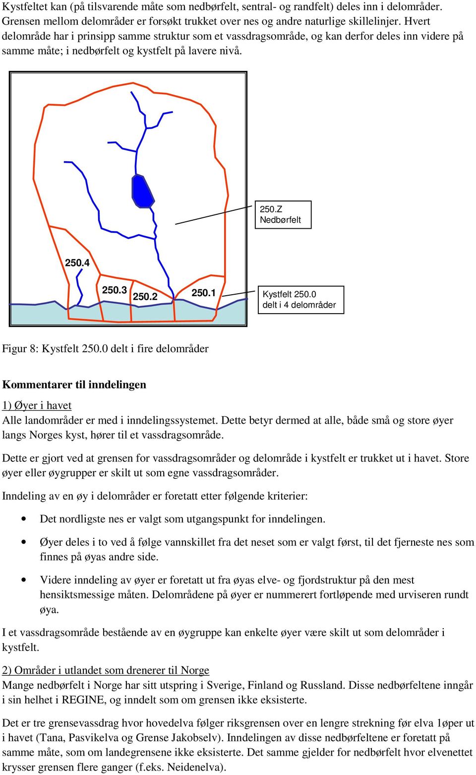 0 delt i 4 delområder Figur 8: Kystfelt 250.0 delt i fire delområder Kommentarer til inndelingen 1) Øyer i havet Alle landområder er med i inndelingssystemet.