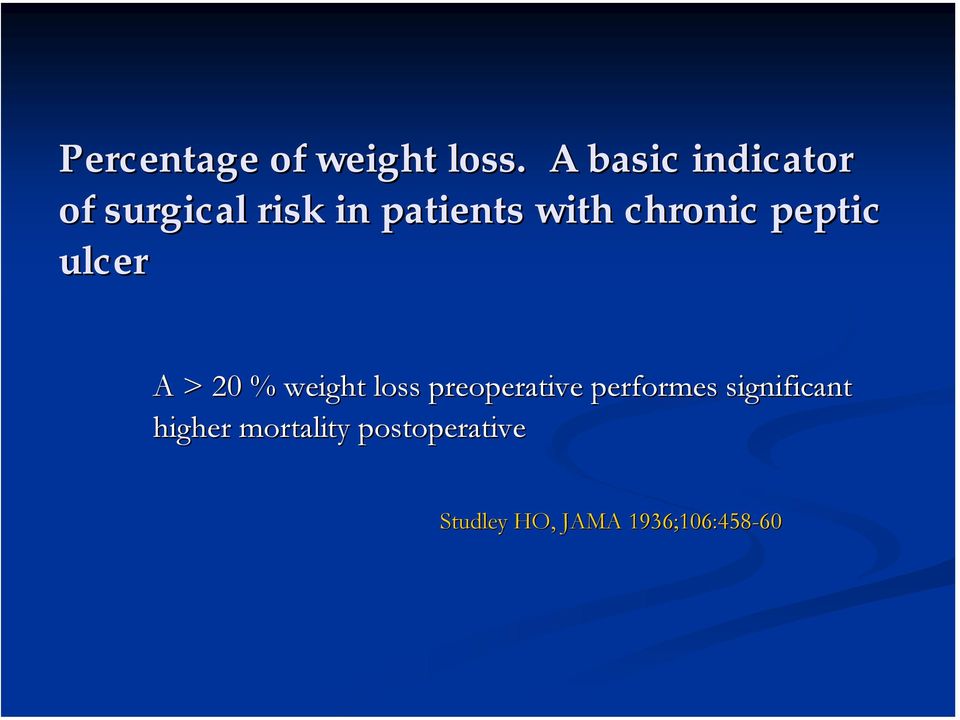 chronic peptic ulcer A > 20 % weight loss preoperative