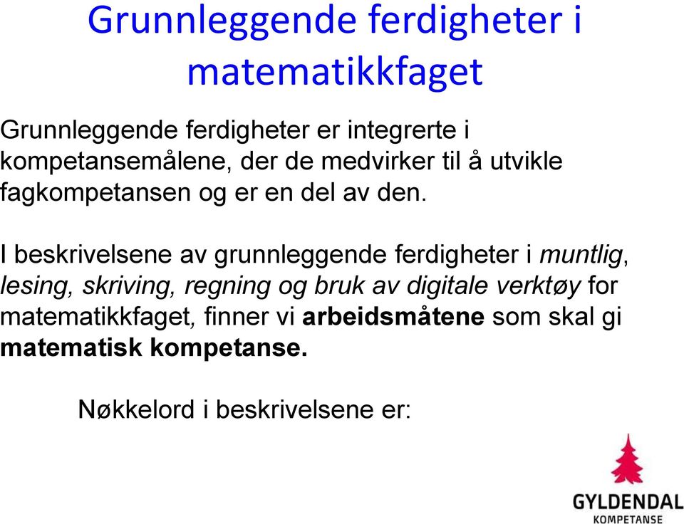 I beskrivelsene av grunnleggende ferdigheter i muntlig, lesing, skriving, regning og bruk av