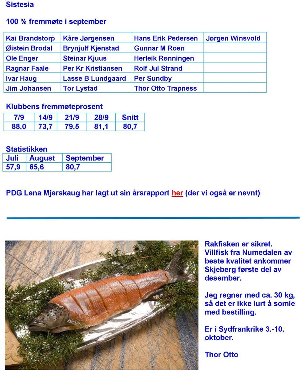 Snitt 88,0 73,7 79,5 81,1 80,7 Statistikken Juli August September 57,9 65,6 80,7 PDG Lena Mjerskaug har lagt ut sin årsrapport her (der vi også er nevnt) Rakfisken er sikret.