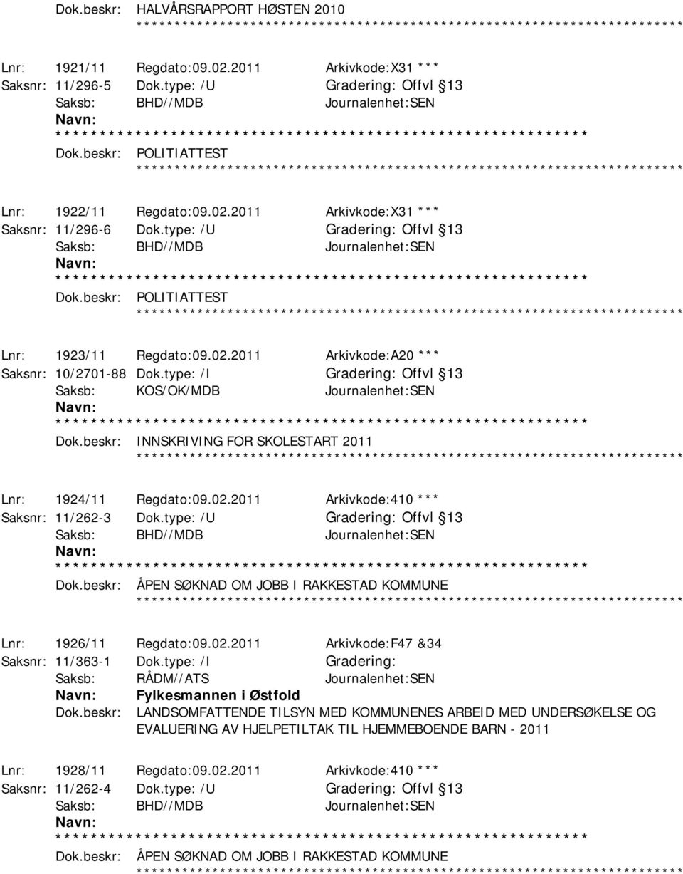 beskr: POLITIATTEST ************ Lnr: 1923/11 Regdato:09.02.2011 Arkivkode:A20 *** Saksnr: 10/2701-88 Dok.type: /I Offvl 13 Saksb: KOS/OK/MDB Journalenhet:SEN Dok.