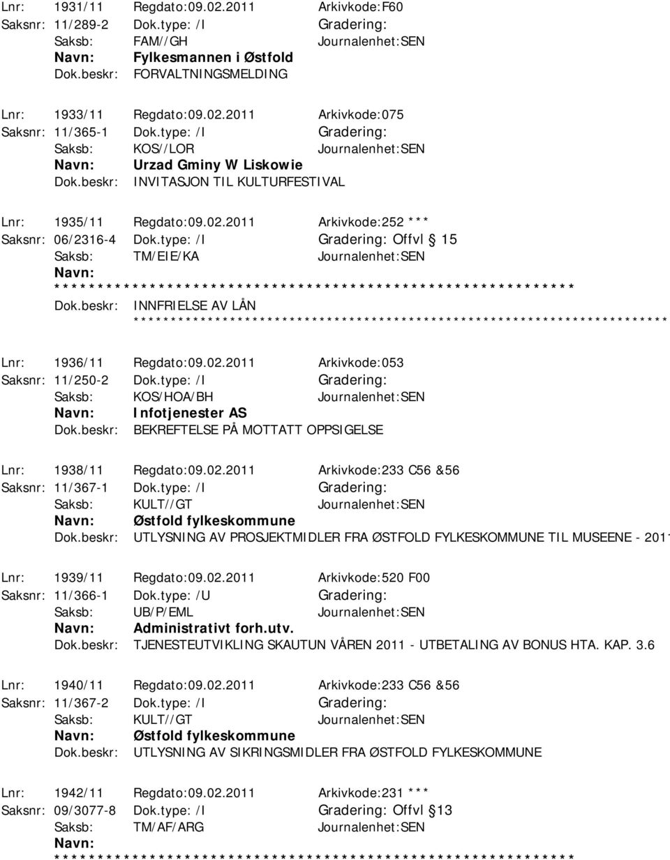 type: /I Offvl 15 Saksb: TM/EIE/KA Journalenhet:SEN Dok.beskr: INNFRIELSE AV LÅN ************ Lnr: 1936/11 Regdato:09.02.2011 Arkivkode:053 Saksnr: 11/250-2 Dok.