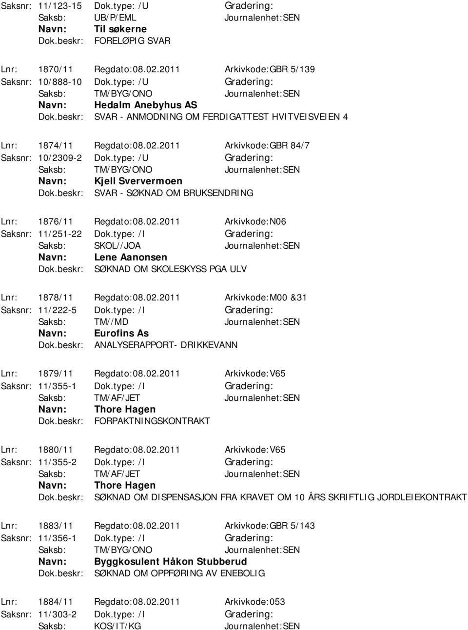 type: /U Saksb: TM/BYG/ONO Journalenhet:SEN Kjell Sververmoen Dok.beskr: SVAR - SØKNAD OM BRUKSENDRING Lnr: 1876/11 Regdato:08.02.2011 Arkivkode:N06 Saksnr: 11/251-22 Dok.