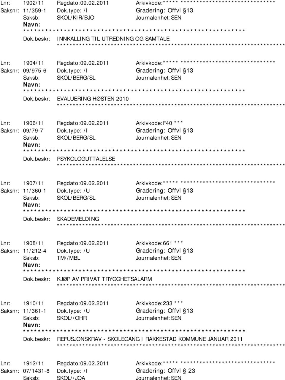 type: /I Offvl 13 Saksb: SKOL/BERG/SL Journalenhet:SEN Dok.beskr: EVALUERING HØSTEN 2010 ************ Lnr: 1906/11 Regdato:09.02.2011 Arkivkode:F40 *** Saksnr: 09/79-7 Dok.